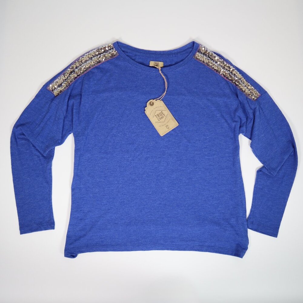 True Craft Blue Sequin Long Sleeve Blouse Women's Large BNWT